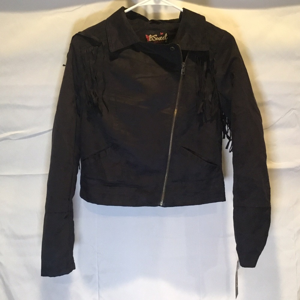 NWT Black Fringe Jacket Size Small Junior's Asymmetrical Zip Polyester B Sweet